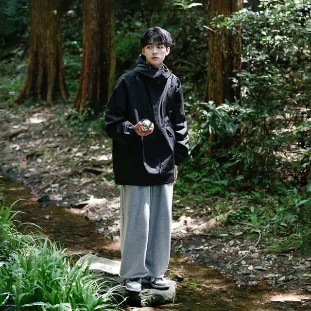半空山 半空山美式高街复古简约纯色连帽机能三防潮牌山系户外时尚百搭宽松舒适冲锋夹克 男女同款