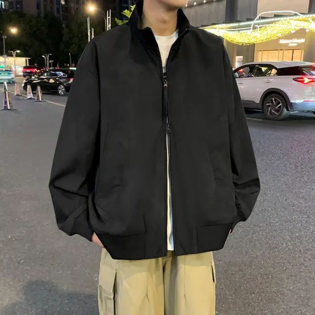 半空山 半空山美式复古高街纯色基础款扎染罗纹拉链双开潮流时尚百搭立领夹克 男女同款