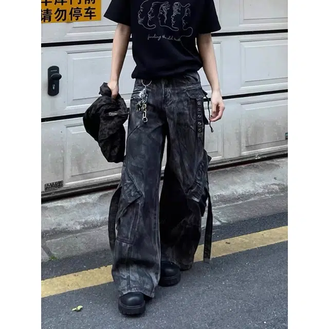 半空山 美式复古做旧朋克摇滚重磅工装多口袋小众设计感扎染潮流炸街高级感宽松阔腿牛仔裤 男女同款