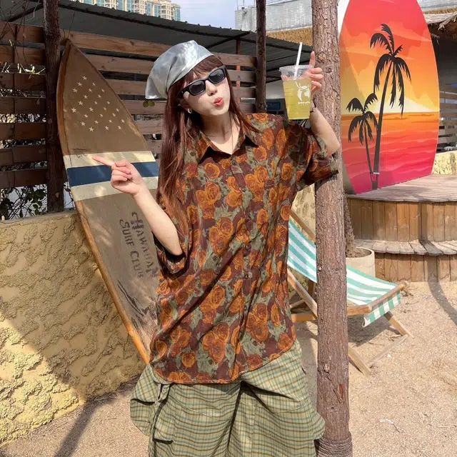半空山 新中式国潮老花原创古着感花卉复古短袖夏季凉感个性潮牌宽松透气衬衫 男女同款