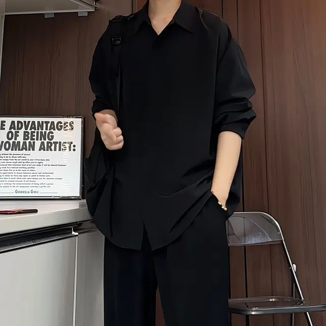 半空山 美式高街纯色基础款无痕冰丝长袖防日光简约潮流时尚百搭衬衫 男女同款
