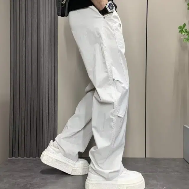 半空山 美式高街潮牌宽松垂感铆钉褶皱设计纯色简约薄款系带中腰百搭直筒休闲裤 男女同款