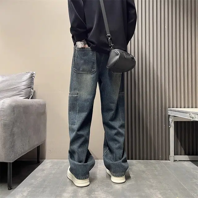 半空山 美式复古高街解构拼接斜切巴黎弯刀大口袋个性小众设计感潮流时尚百搭宽松舒适直筒牛仔裤 男女同款