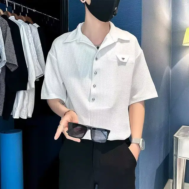 半空山 半空山复古港风褶皱纯色痞帅肌理感设计简约时尚百搭休闲宽松短袖衬衫 男女同款