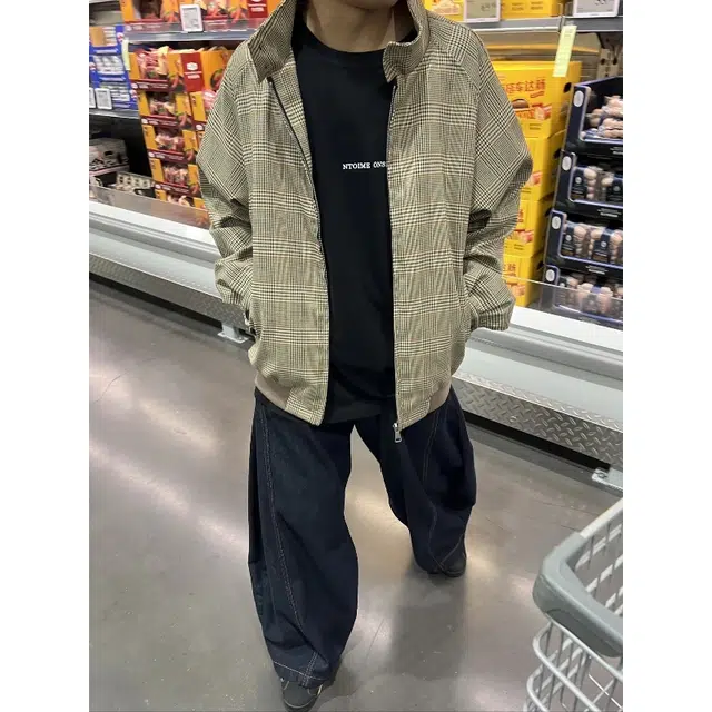 半空山 美式复古立领千鸟格纹哈灵顿潮牌老钱风高级感宽松百搭夹克外套 男女同款