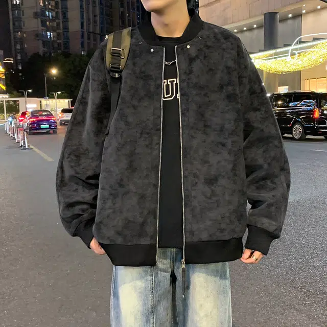 半空山 半空山美式复古高街纯色扎染绒面雾花皮免洗潮流时尚百搭宽松舒适飞行员夹克 男款