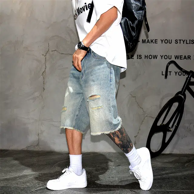 半空山 美式复古做旧毛边宽松直筒潮流破洞牛仔短裤 男女同款