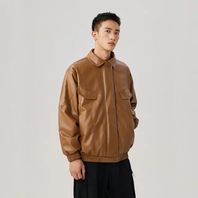 半空山 美式复古城市机能宽松翻领高品质机车服防风防水工装夹克皮衣 男女同款