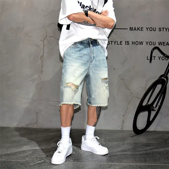 半空山 美式复古做旧毛边宽松直筒潮流破洞牛仔短裤 男女同款
