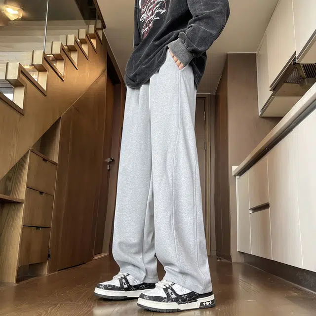 半空山 美式高街复古纯色拼接解构立体线条设计感品牌文字刺绣系带宽松阔腿百搭直筒休闲裤 男女同款