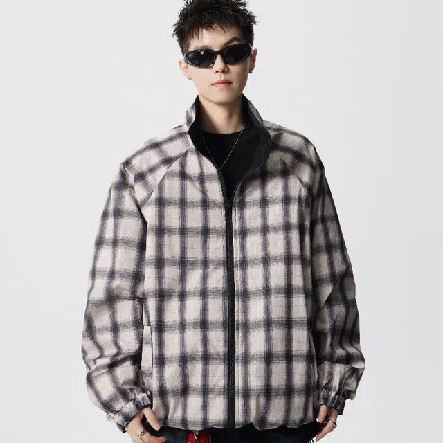半空山 美式复古高街双面穿撞色格子三条杠潮流时尚百搭夹克 男女同款