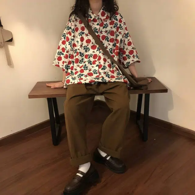 半空山 美式高街复古港味宽松碎花短袖显瘦独特时尚开衫衬衣上衣潮衬衫 男女同款