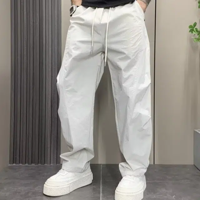 半空山 美式高街潮牌宽松垂感铆钉褶皱设计纯色简约薄款系带中腰百搭直筒休闲裤 男女同款