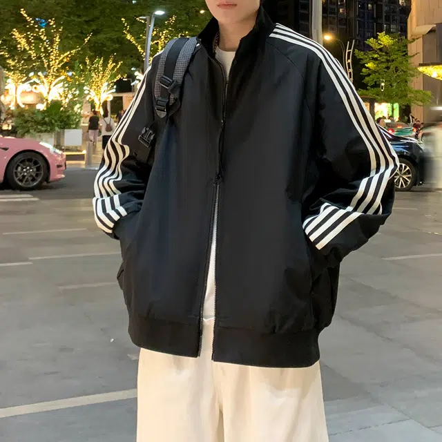 半空山 半空山美式复古高街学院风潮流撞色侧边条纹小米格立领防泼水时尚百搭宽松舒适简约夹克 男女同款