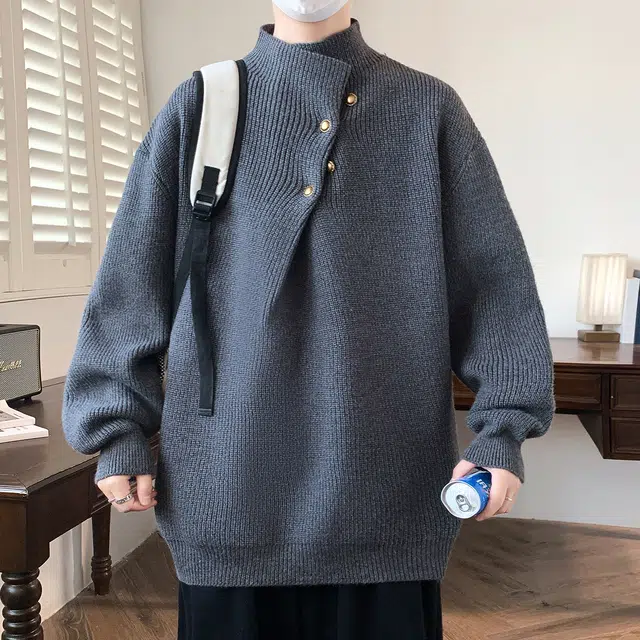 半空山 纯色简约不规则纽扣领口设计学院风潮流宽松软糯舒适亲肤透气百搭休闲日常通勤老钱高质感针织衫 男女同款