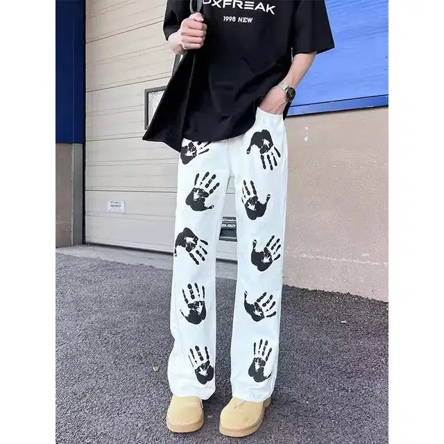 半空山 美式嘻哈街头高街手掌趣味印花设计炸街痞帅小众潮牌休闲宽松中腰微喇裤日常通勤舒适透气牛仔裤 男女同款
