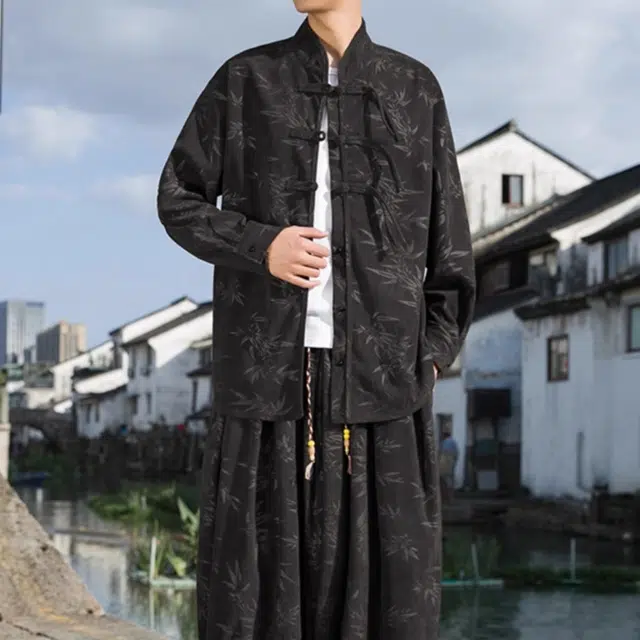 半空山 新中式复古盘扣唐装春秋竹叶提花国潮衬衫 男女同款
