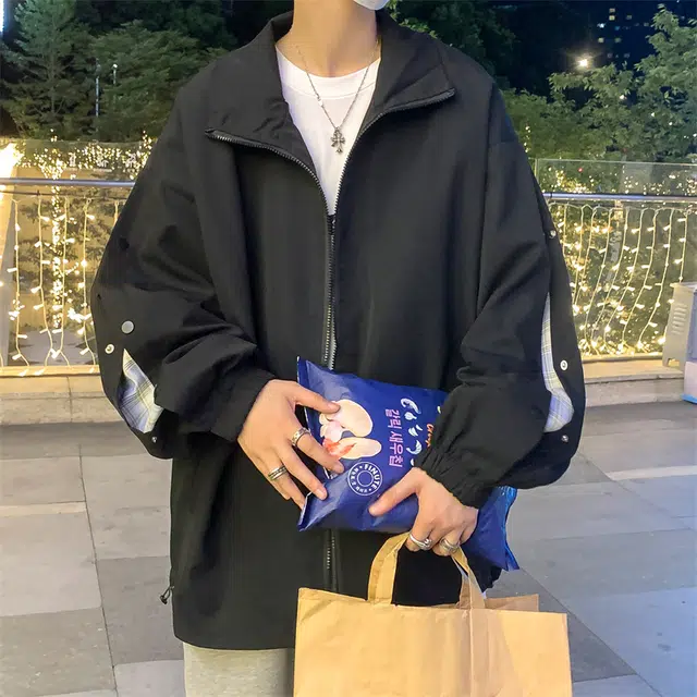 半空山 半空山美式复古高街纯色基础款简约侧边拼接可开纽扣立领山系户外时尚百搭宽松舒适飞行员冲锋夹克 男女同款