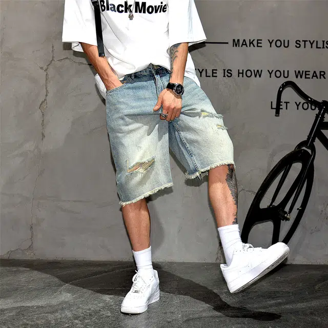 半空山 美式复古做旧毛边宽松直筒潮流破洞牛仔短裤 男女同款