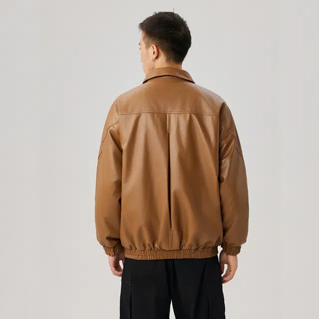 半空山 美式复古城市机能宽松翻领高品质机车服防风防水工装夹克皮衣 男女同款