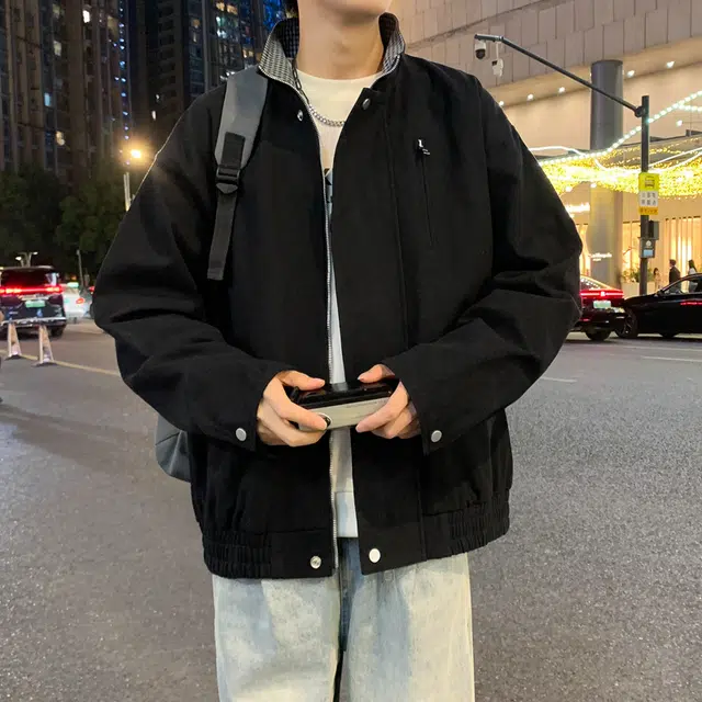 半空山 半空山美式复古高街纯色基础款纯棉拼接金属按扣潮流时尚百搭飞行员夹克 男女同款