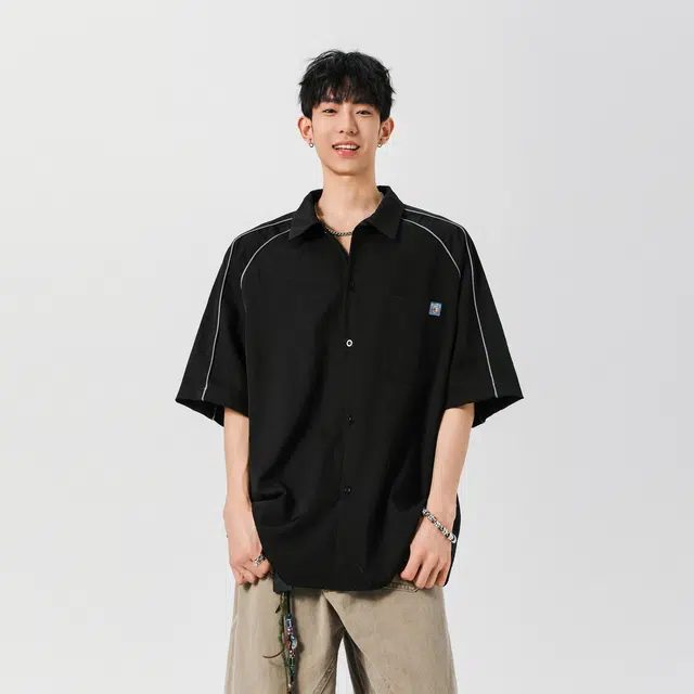 曼城 日系复古翻领时尚潮流痞帅纯色简约基础款舒适透气百搭短袖衬衫 男女同款