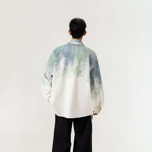 曼城 美式扎染浙变学院风青春流行宽松外套百搭设计高级感痞帅翻领休闲通勤长袖衬衫 男女同款