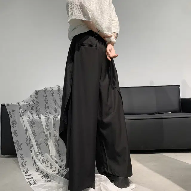 曼城 复古暗黑系中性风百搭简约个性小众法式慵懒基础款褶皱设计感质感透气舒适柔软亲肤宽松阔腿纯色九分裤裙休闲裤 男女同款 黑色