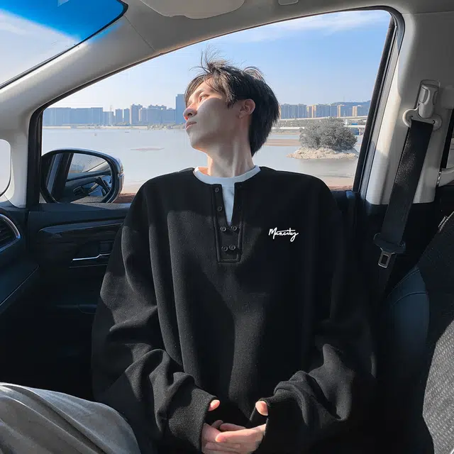 曼城 美式学院风慵懒简约假两件纯色百搭柔软亲肤套头上衣基础款打底衫运动休闲日常通勤重磅垂感长袖卫衣 男女同款