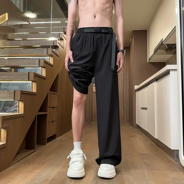 曼城 速干冰丝薄款美式宽松直筒阔腿松紧腰垂感百搭休闲裤 男女同款