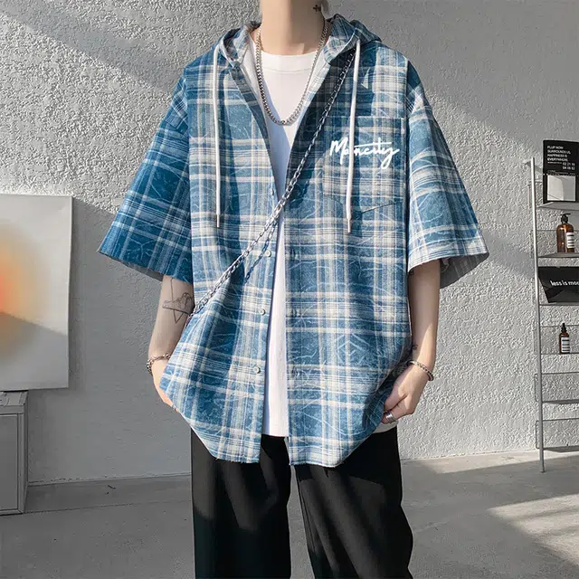 曼城 美式复古扎染暗纹宽松休闲连帽格子短袖衬衫 男女同款