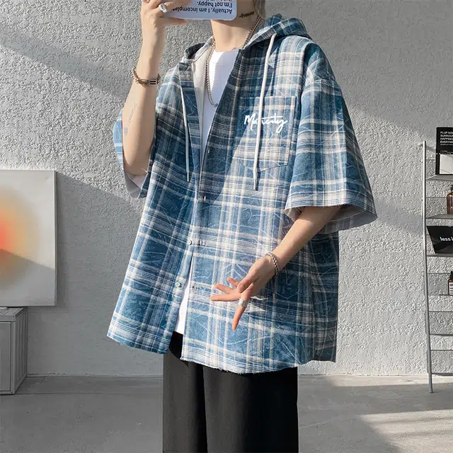 曼城 美式复古扎染暗纹宽松休闲连帽格子短袖衬衫 男女同款
