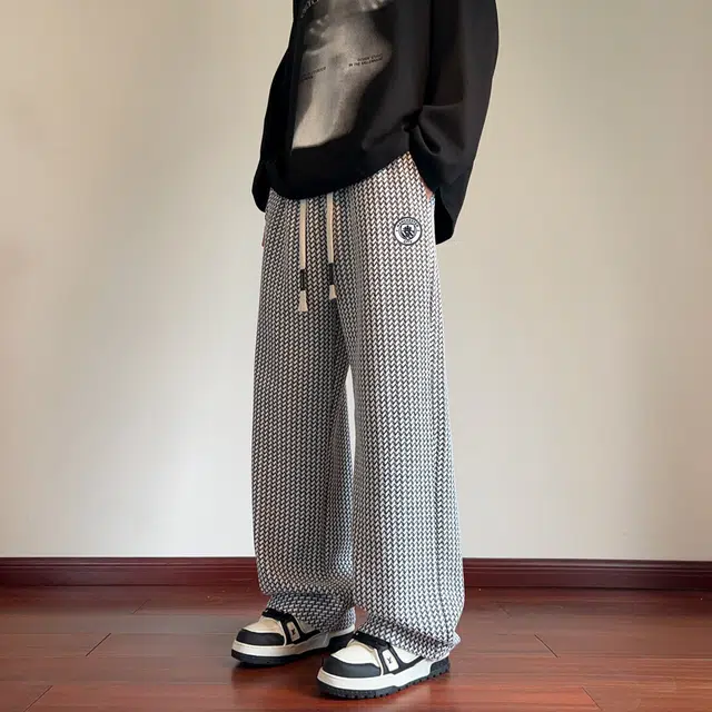 曼城 美式复古高街撞色条纹慵懒风宽松阔腿垂感直筒拖地潮流时尚休闲裤 男女同款