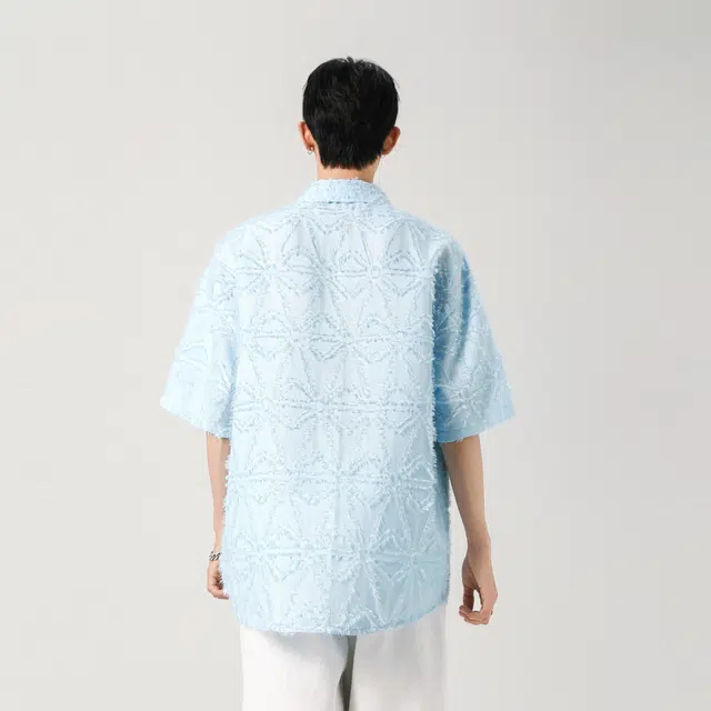 曼城 高街美式流苏毛边提花设计小众高街纯色基础款休闲百搭宽松日常短袖衬衫 男女同款