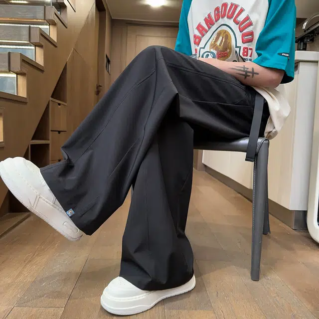 曼城 速干冰丝薄款美式宽松直筒阔腿松紧腰垂感百搭休闲裤 男女同款