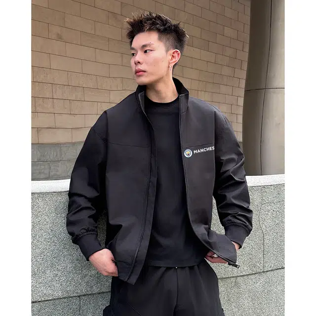 曼城 美式复古立领简约时尚潮流户外运动登山远足纯色拉链上衣商务通勤休闲百搭防水防风潮牌飞行教练风外套夹克 男女同款