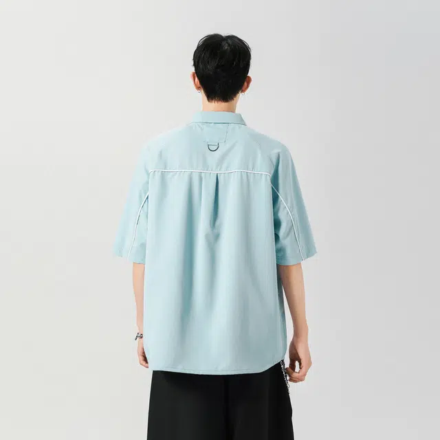 曼城 日系复古翻领时尚潮流痞帅纯色简约基础款舒适透气百搭短袖衬衫 男女同款