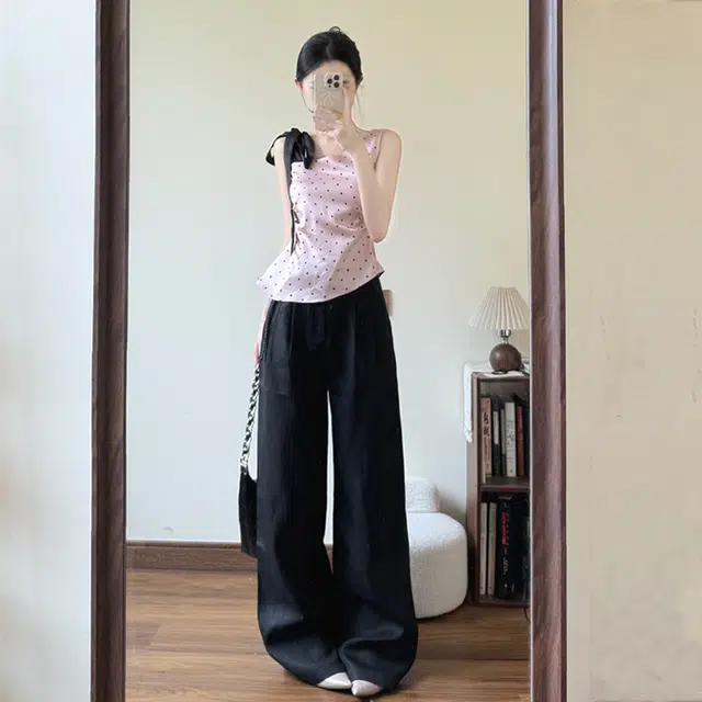 费尔岛上的猫 法式设计感波点蝴蝶结系带拖地裤装休闲套装 女款