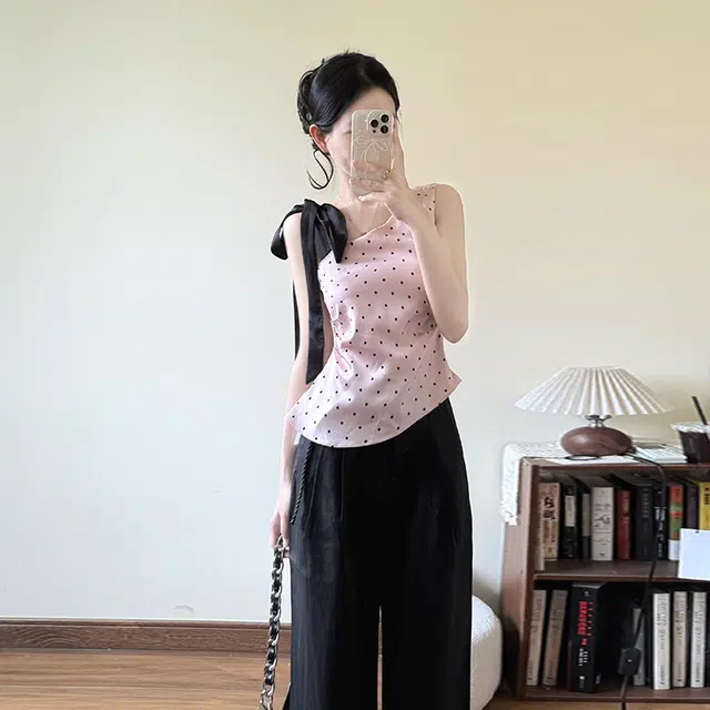 费尔岛上的猫 法式设计感波点蝴蝶结系带拖地裤装休闲套装 女款