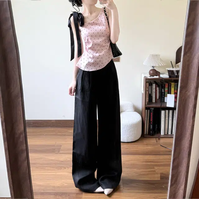 费尔岛上的猫 法式设计感波点蝴蝶结系带拖地裤装休闲套装 女款