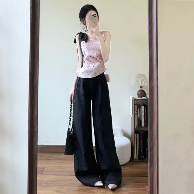 费尔岛上的猫 法式设计感波点蝴蝶结系带拖地裤装休闲套装 女款