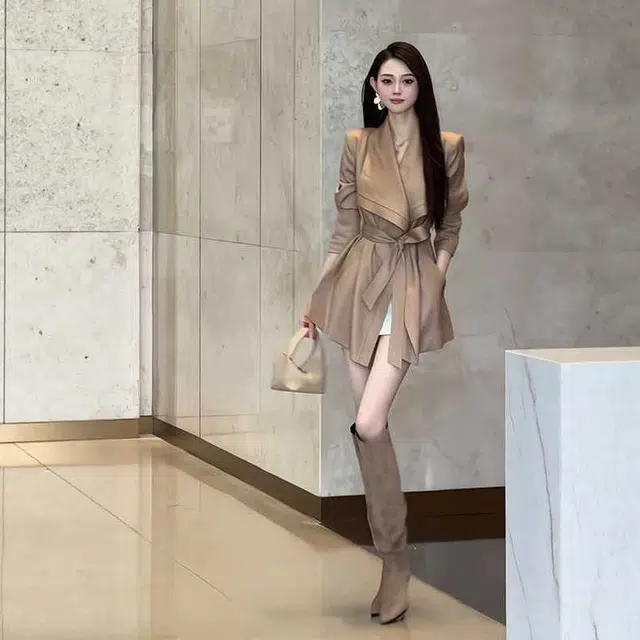 桴生 韩系秋季时尚绑带长袖西服与复古翻领收腰尽显高级气质风衣 女款