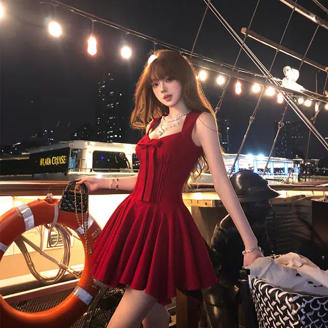 玉儿恋 法式玫瑰纯色千金感蝴蝶结收千金感高级潮流精致公主风绝美收腰腰纯欲公主裙吊带连衣裙 女款