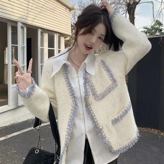 涂诗菲 法式高级感洋气小香风软糯别致漂亮上衣外套针织开衫 女款 米白色