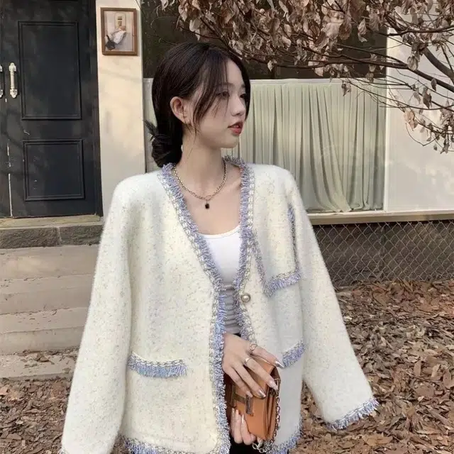 涂诗菲 法式高级感洋气小香风软糯别致漂亮上衣外套针织开衫 女款 米白色