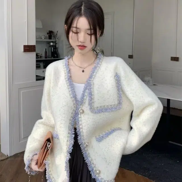 涂诗菲 法式高级感洋气小香风软糯别致漂亮上衣外套针织开衫 女款 米白色