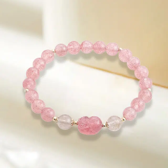 克兰茜 财运莓烦恼 福禄 转运圆珠串 新中式招财吞金兽设计 小众简约轻奢高级感设计 日常精致百搭好运石英岩质玉 草莓晶 手串 女款