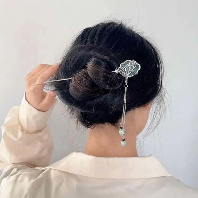 克兰茜 青翠竹叶屏风 新中式发钗 轻奢小众精致古风盘发 古风气质步摇流苏高级感簪子 合金 发簪 女款 白色/绿色 手提袋礼盒装