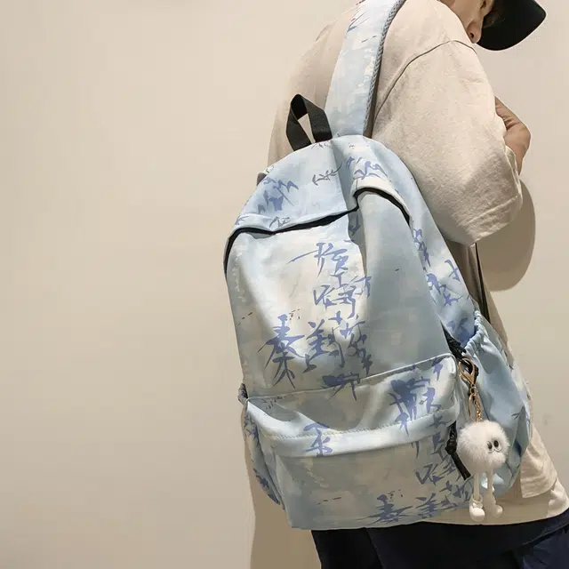 草丛喵喵喵 小众百搭时尚扎染设计大容量简约中国风小清新潮酷休闲日常通勤 尼龙 双肩包 男女同款情侣款 蓝色/白色/黑色/浅灰色