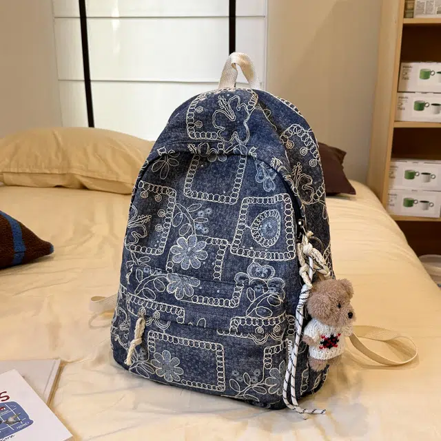 草丛喵喵喵 拼接可爱百搭高颜值小众 牛仔 双肩包 大号 男女同款情侣款 多色